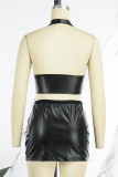 Black Sexy Solid Patchwork Asymmetrical Zipper Halter Sleeveless Two Pieces