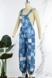 Blue Sexy Print Patchwork Backless Straight Jumpsuits