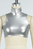 Silver Sexy Casual Solid Basic Turtleneck Tops
