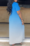 Purplish Blue Casual Print Basic V Neck Short Sleeve Dress