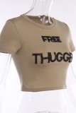 Khaki Casual Letter Print Basic O Neck T-Shirts