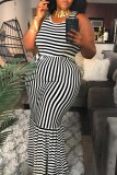 Black White Casual Striped Print Patchwork O Neck Plus Size Sleeveless Dress