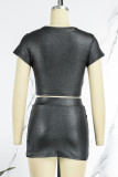 Black Sexy Casual Solid Hollowed Out O Neck Short Sleeve Two Pieces