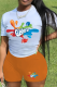 White Orange Casual Daily Print Patchwork Letter O Neck Plus Size Two Pieces