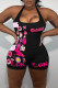 Black Street Print Patchwork Halter Skinny Rompers