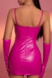 Rose Red Sexy Solid Hollowed Out Backless Spaghetti Strap Sling Dress (With Sleeves)