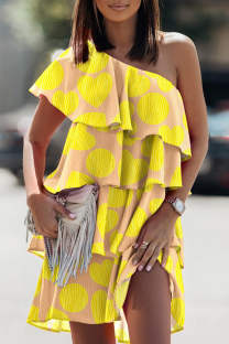 Yellow Casual Elegant Print Flounce Oblique Collar Asymmetrical Dresses