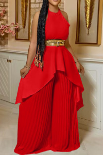Red Casual Solid Patchwork Fold With Belt Asymmetrical O Neck Sleeveless Two Pieces(With A Belt)