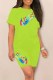 Fluorescent Green Casual Print Letter O Neck Short Sleeve Two Pieces