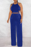 Blue Sexy Solid Bandage Patchwork Backless Sleeveless Two Pieces