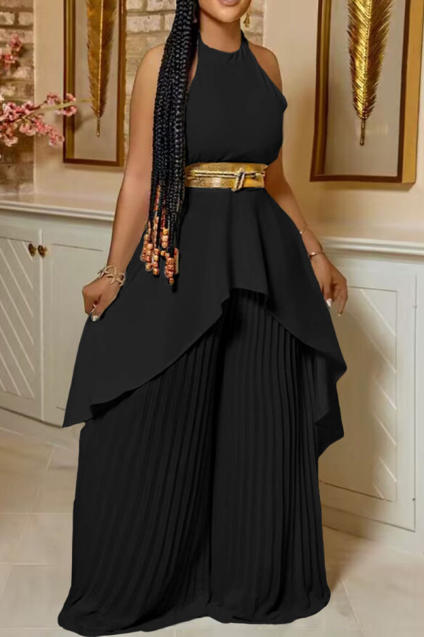 Black Casual Solid Patchwork Fold With Belt Asymmetrical O Neck Sleeveless Two Pieces(With A Belt)