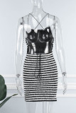 Black Sexy Striped Print Bandage Backless Spaghetti Strap Sleeveless Dress Dresses