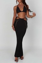 Black Sexy Solid Frenulum Backless Halter Two Pieces