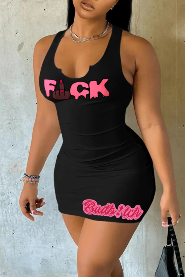 Black Sexy Print Patchwork U Neck Pencil Skirt Dresses