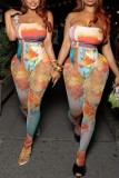 Colour Sexy Print Backless Strapless Sleeveless Two Pieces