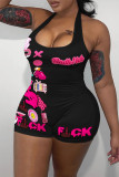Black Street Print Patchwork Halter Skinny Rompers