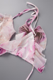 Purple Sexy Print Bandage Backless Swimsuit Three Piece Set