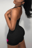 Black Street Print Patchwork Halter Skinny Rompers