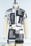 Red Casual Print Patchwork Zipper Collar Short Sleeve Two Pieces