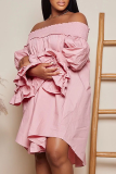 Pink Casual Sweet Elegant Solid Fold Off the Shoulder Off The Shoulder Dresses
