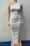 White Sexy Casual Solid Backless Slit Fold Oblique Collar Long Dress Plus Size Dresses