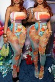 Colour Sexy Print Backless Strapless Sleeveless Two Pieces