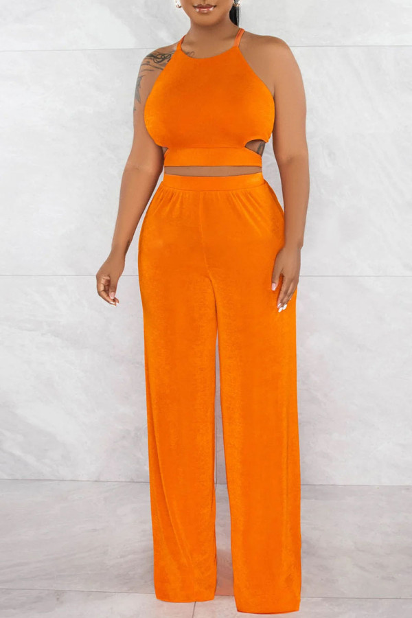 Orange Sexy Solid Bandage Patchwork Backless Sleeveless Two Pieces