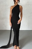 Black Sexy Solid Patchwork Backless Oblique Collar Long Dress Dresses