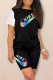Black Casual Print Letter O Neck Short Sleeve Two Pieces