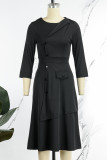 Yellow Casual Solid Patchwork Buttons O Neck A Line Dresses