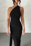Black Sexy Solid Patchwork Backless Oblique Collar Long Dress Dresses