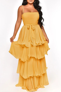 Yellow Elegant Solid Bandage Patchwork Flounce Spaghetti Strap Long Dress Dresses