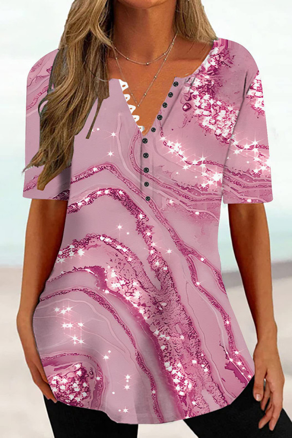 Pink Casual Print Basic V Neck T-Shirts