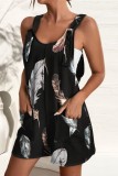 Blue Casual Print Patchwork O Neck Regular Rompers