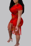 Red Casual Street Print Tassel O Neck Short Sleeve Two Pieces