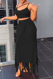 Black Sexy Solid Tassel Patchwork Spaghetti Strap Sleeveless Two Pieces
