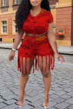 Red Casual Street Print Tassel O Neck Short Sleeve Two Pieces