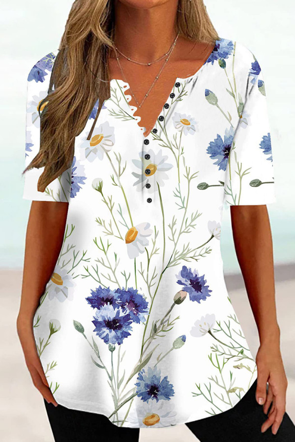 White Casual Print Basic V Neck T-Shirts