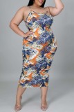 Navy Blue Sexy Casual Print Backless O Neck Sling Dress Plus Size Dresses