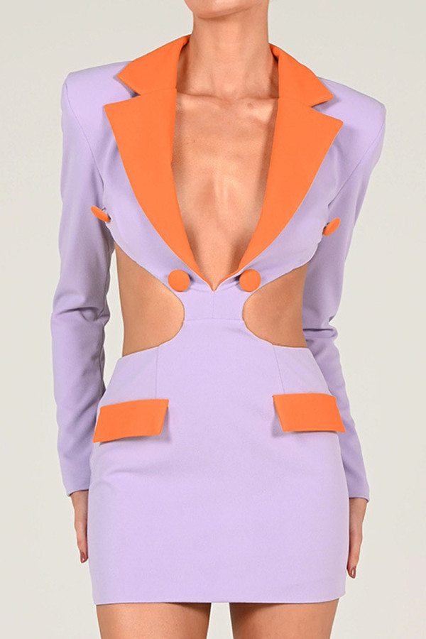 Purple Sexy Casual Celebrities Color Lump Hollowed Out Buttons Contrast Turn-back Collar One Step Skirt Dresses