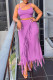 Purple Sexy Solid Tassel Patchwork Spaghetti Strap Sleeveless Two Pieces
