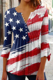 Rose Red Blue Casual Flag Stars Print V Neck Three Quarter Sleeve Buttons Women's Blouse