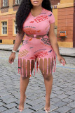 Red Casual Street Print Tassel O Neck Short Sleeve Two Pieces