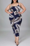 Earth Yellow Sexy Casual Print Backless O Neck Sling Dress Plus Size Dresses