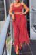 Red Sexy Solid Tassel Patchwork Spaghetti Strap Sleeveless Two Pieces