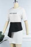 White Street Print Patchwork Asymmetrical O Neck Short Sleeve Two Pieces