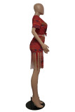 Red Casual Street Print Tassel O Neck Short Sleeve Two Pieces