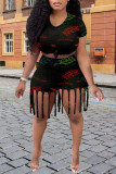 Red Casual Street Print Tassel O Neck Short Sleeve Two Pieces
