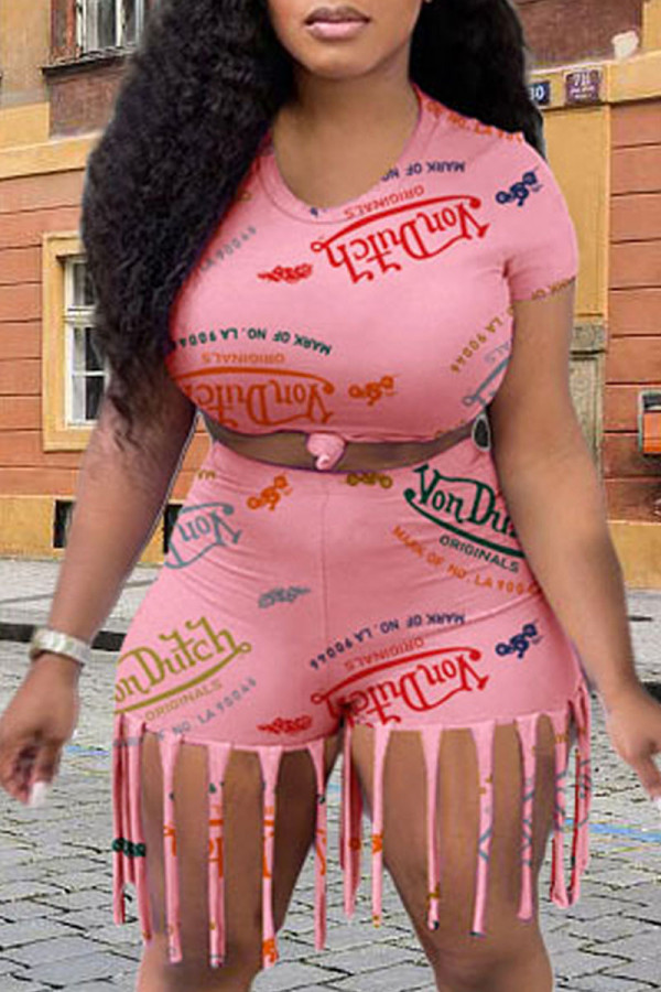 Pink Casual Street Print Tassel O Neck Short Sleeve Two Pieces