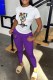 Purple Casual Print Letter O Neck Short Sleeve Two Pieces
